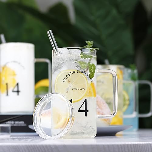 Miniatura 3 de LUXU Vaso con asa, tapa y popote de vidrio, juego de 1 vasos altos de 19 onzas, vasos altos transparentes para agua, jugo, cerveza, bebidas,