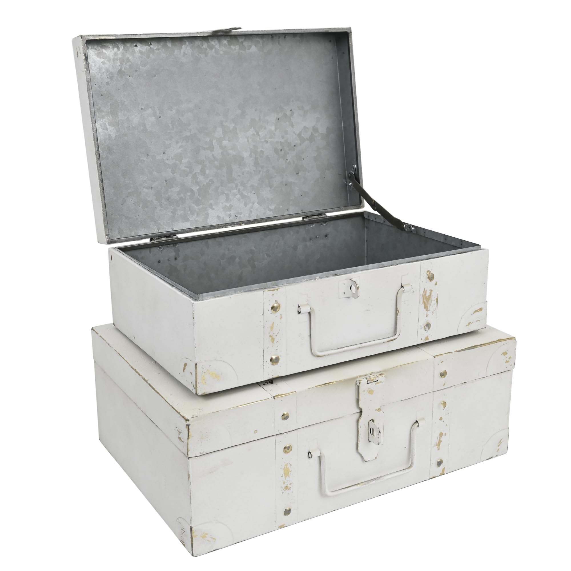 Vintage Metal Storage Trunks - Set of 2, Antique Decorative Storage Chests with Lids, Decorative Suitcase Boxes, Vintage Suitcases for Keepsakes and Home Decor, White