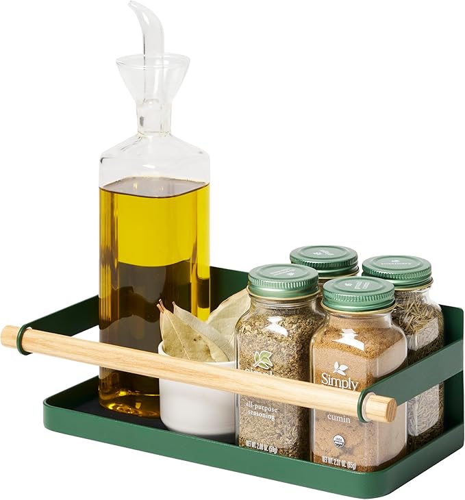 YAMAZAKI Home Tosca Magnetic Spice Storage Rack Organizer For Fridge - Steel + Wood