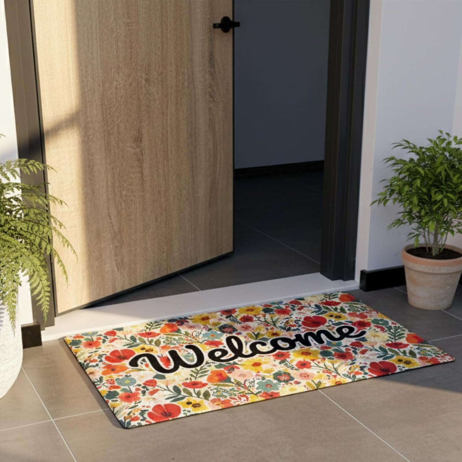 Welcome Mat 17x29 Inch Spring Summer Outdoors Indoors Front Door Mat, Low Profile Doormat for Outside Inside Home Entrance, Non Slip Rubber Back Floor Rugs for Entryway, Spring Flower