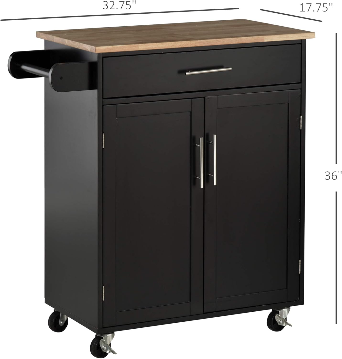 HOMCOM Kitchen Island Cart Rolling Trolley Cart with Drawer, Storage Cabinet & Towel Rack, Black - Kitchen Islands & Carts