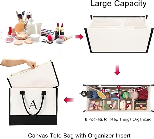 Miniatura 5 de YOOLIFE Regalos personalizados para mujer, bolsa de lona con monograma con organizador con cremallera, regalo de cumpleaños para mujeres, Blanco, B