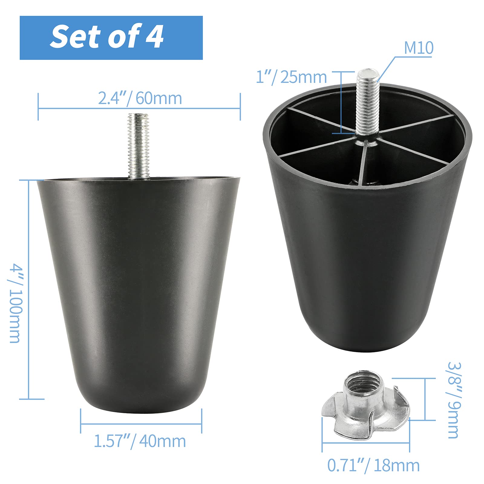 Masendelk 1 Inch Black Plastic Furniture Legs - Pack Of 4, Round Tapered Screw-in Legs For Sofa, Couch, Table - View #9