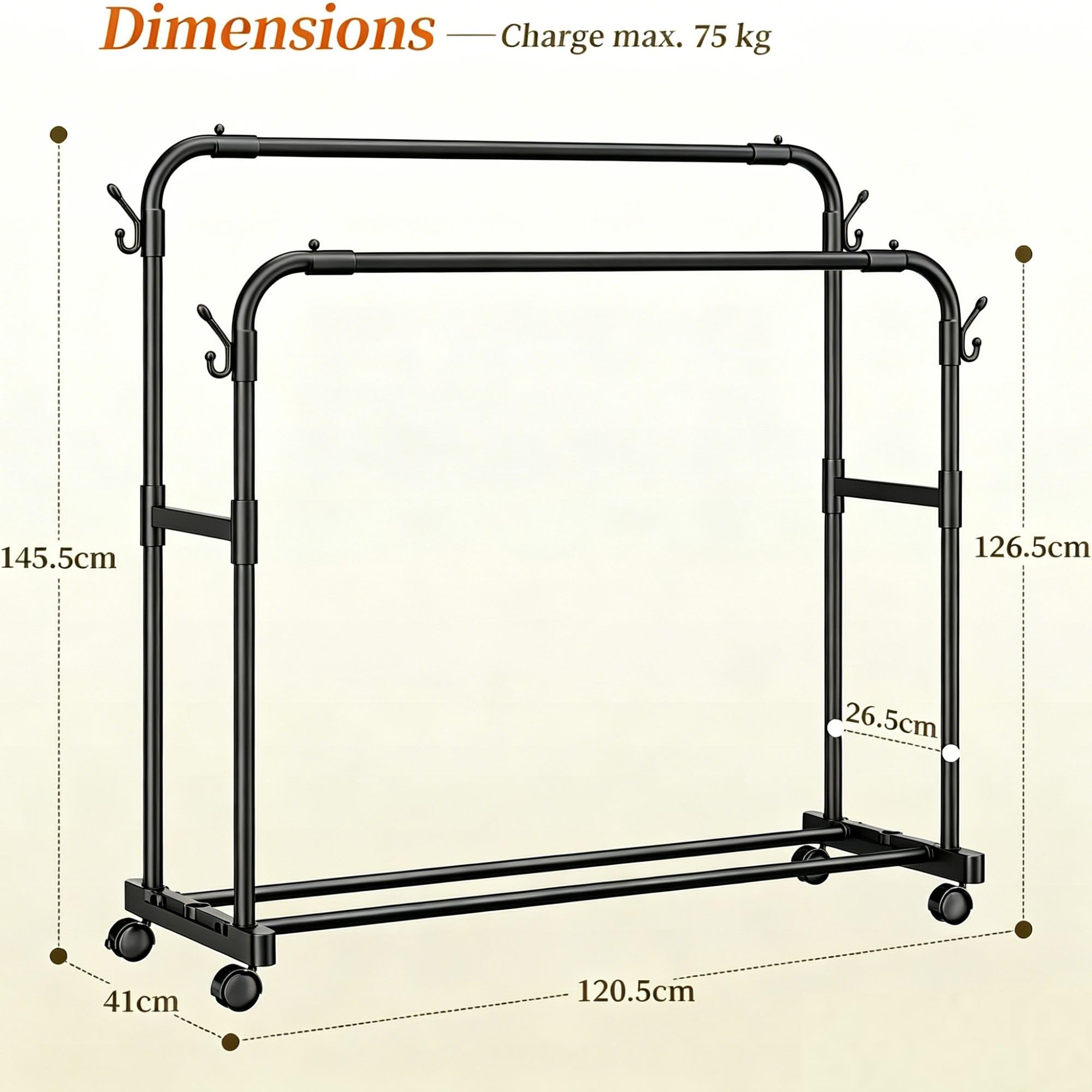 Portant Vetement Solide à Roulettes avec 4 Crochets & Anti-dérapant, Portant à Vêtements Double Tringle, Porte-vêtements Penderie Vetement Dressing pour Pulls, Manteaux, Chemises, Charge 75 kg