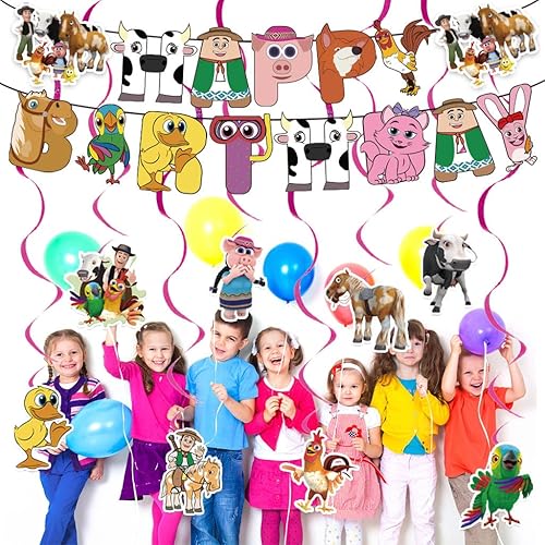 Miniatura 5 de Zenon Farm - Cartel de suministros para fiesta de cumpleaños y 8 espirales colgantes para decoraciones de cumpleaños de Zenon Farm, niños y niñas
