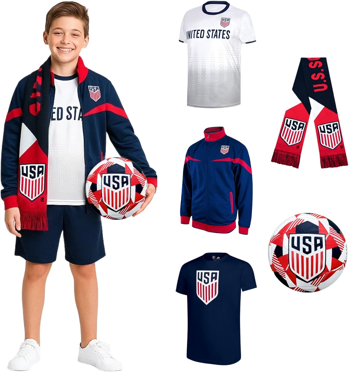 Icon Sports US Soccer Federation Ultimate Fan Pack: Soccer Ball, Scarf, Shirts & Jacket 5-Piece Value Set - Unisex Kids