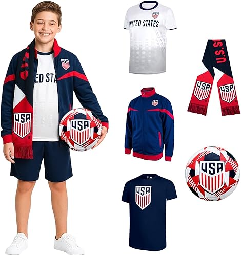 Icon Sports US Soccer Federation Ultimate Fan Pack: Soccer Ball, Scarf, Shirts & Jacket 5-Piece Value Set - Unisex Kids - USSFUFP-YP Multi YXL