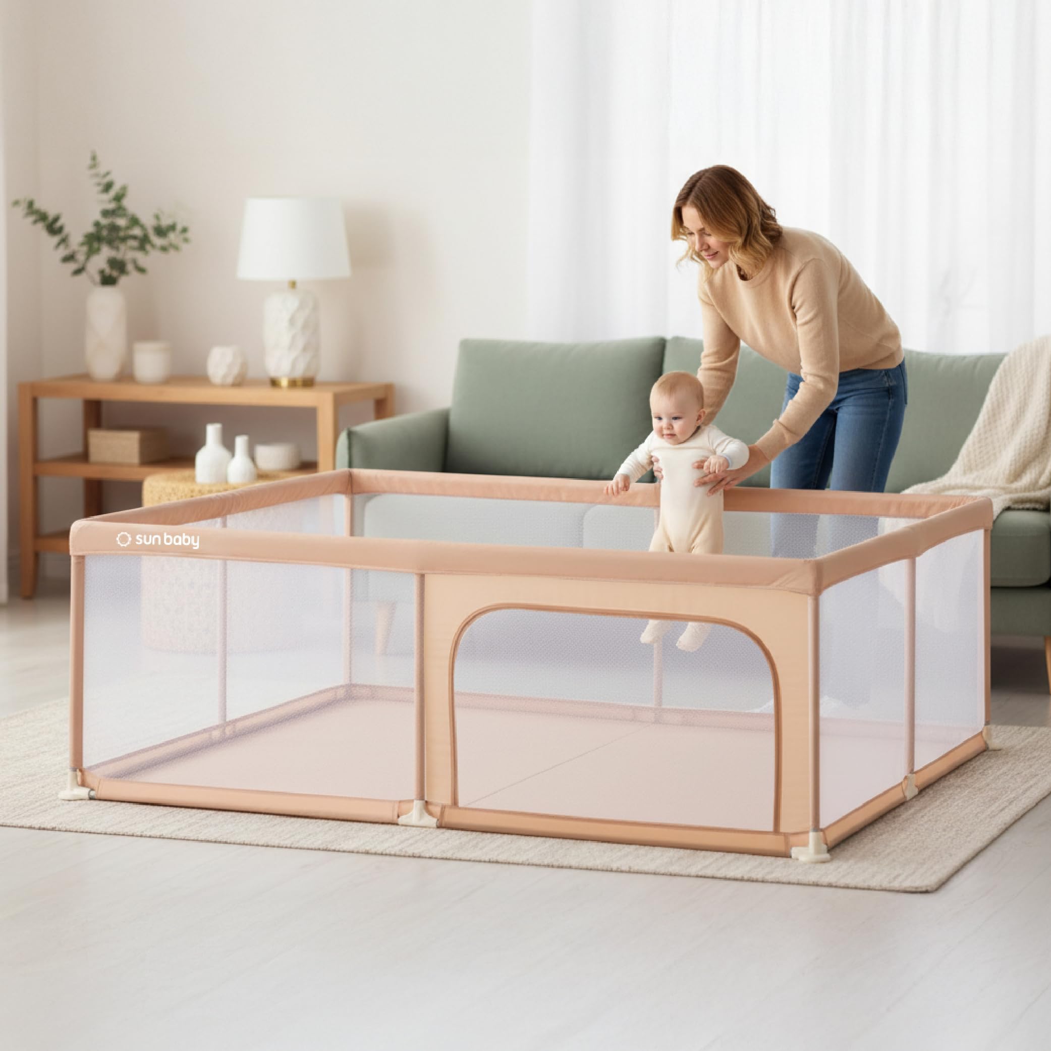 sun baby Parque Infantil 150x200 cm 0-2 años Salmón, poliéster, paredes de malla, entrada con cremallera, pies antideslizantes, bolsa incluida, estructura metálica