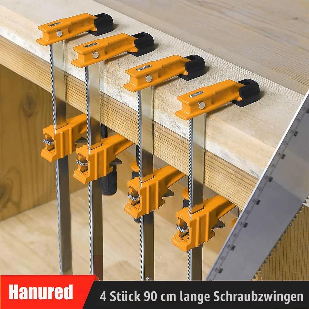 4 Stück Schraubzwingen, Spannweite 900mm, Spanntiefe 60mm, Holzzwingen Groß mit Kunststoffgriff, Einstellbar und schnell lösbar, Spannkraft 270kg