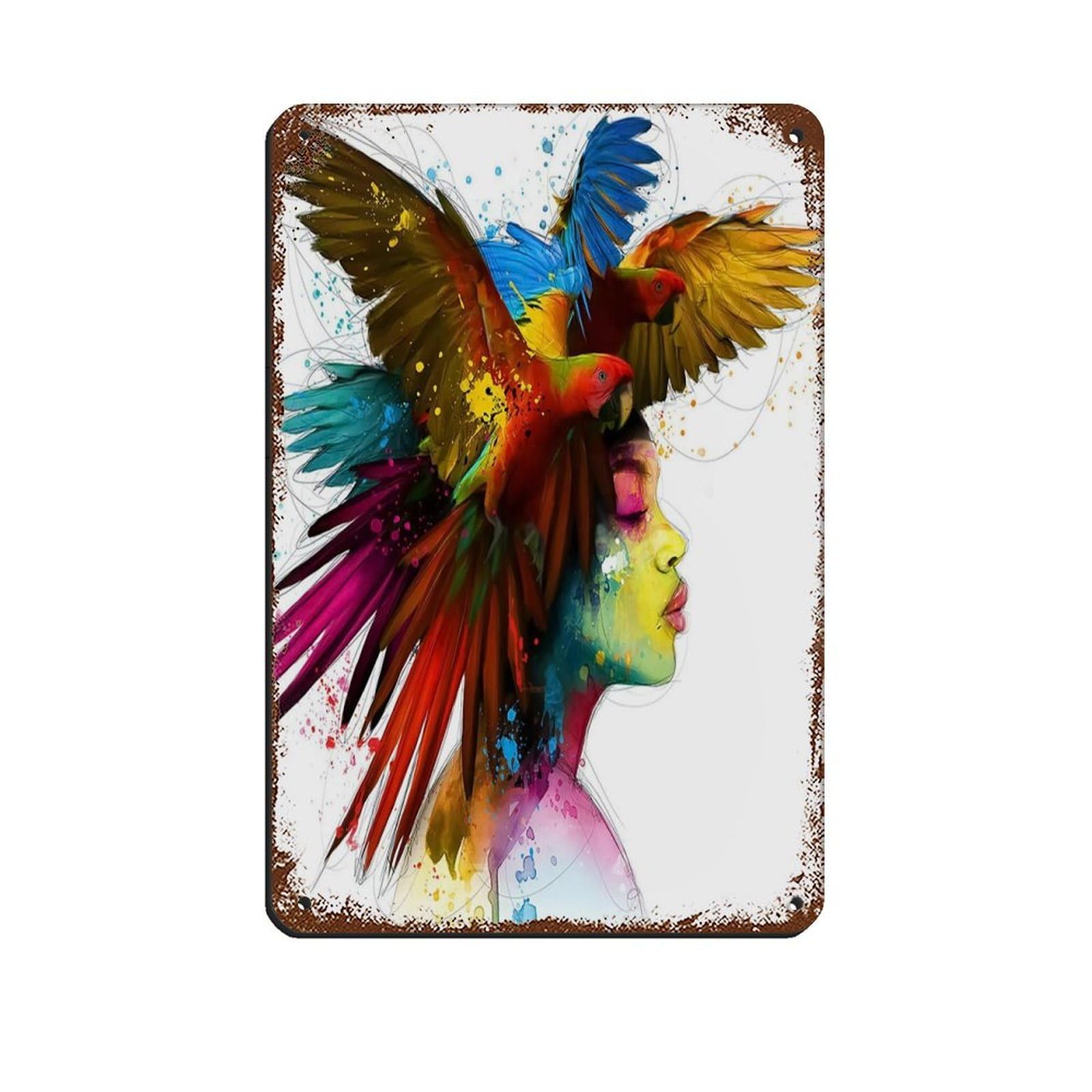 Parrot Head Woman Poster Retro Poster Metal Tin Sign Chic Art Retro Iron Painting Bar People Cave Cafe Family Garage Poster Wall Decoration 8x12inch(20x30cm)