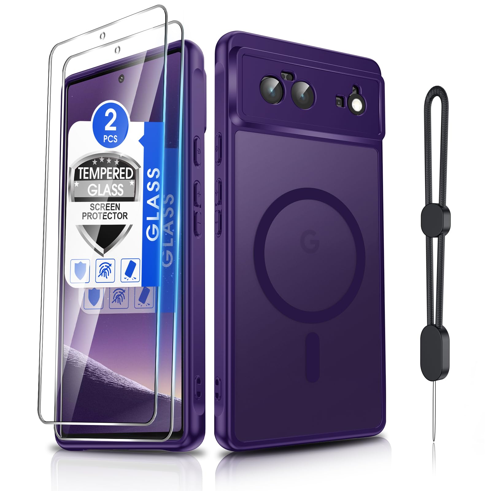 Dizn Magnetic for Google Pixel 6 Phone Case:with [2 Pcs] Tempered Glass Screen Protector,Compatible with MagSafe Wireless Charging,with Strap,Military-Grade Protective,for 6.4-Inch Pixel 6,Dark Purple