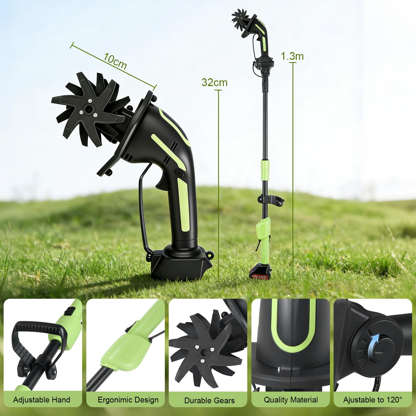 Motoazada Eléctrica, 21V a Batería–Azada Rotativa con 2 Baterías de 3000mAh, 4 Cuchillas Metálicas 65Mn, Ancho/Profundidad de Trabajo 10 cm, 235 RPM–para Escarificar y Airear el Jardín