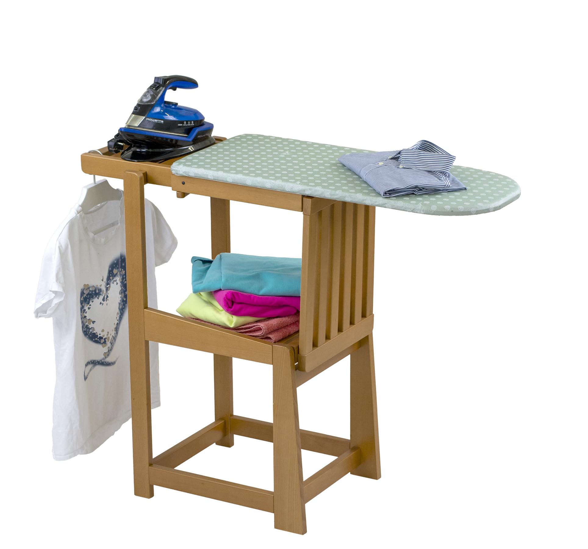 Tabla de planchar – Silla SINFONIA, mesa de planchar convertible con encimera de 81 x 35 cm y soporte para plancha, asiento 40 x 35 cm, cojín con respaldo, color cereza