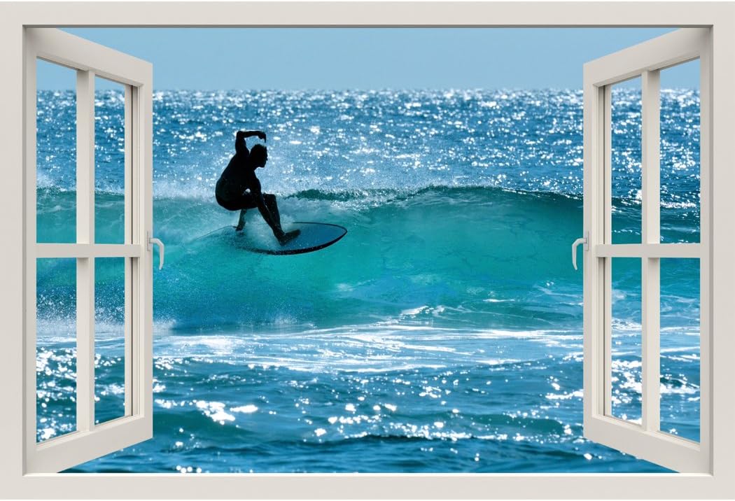 Window Frame Mural Surfers - Huge Size - Peel and Stick Fabric Illusion 3D Wall Decal Photo Sticker