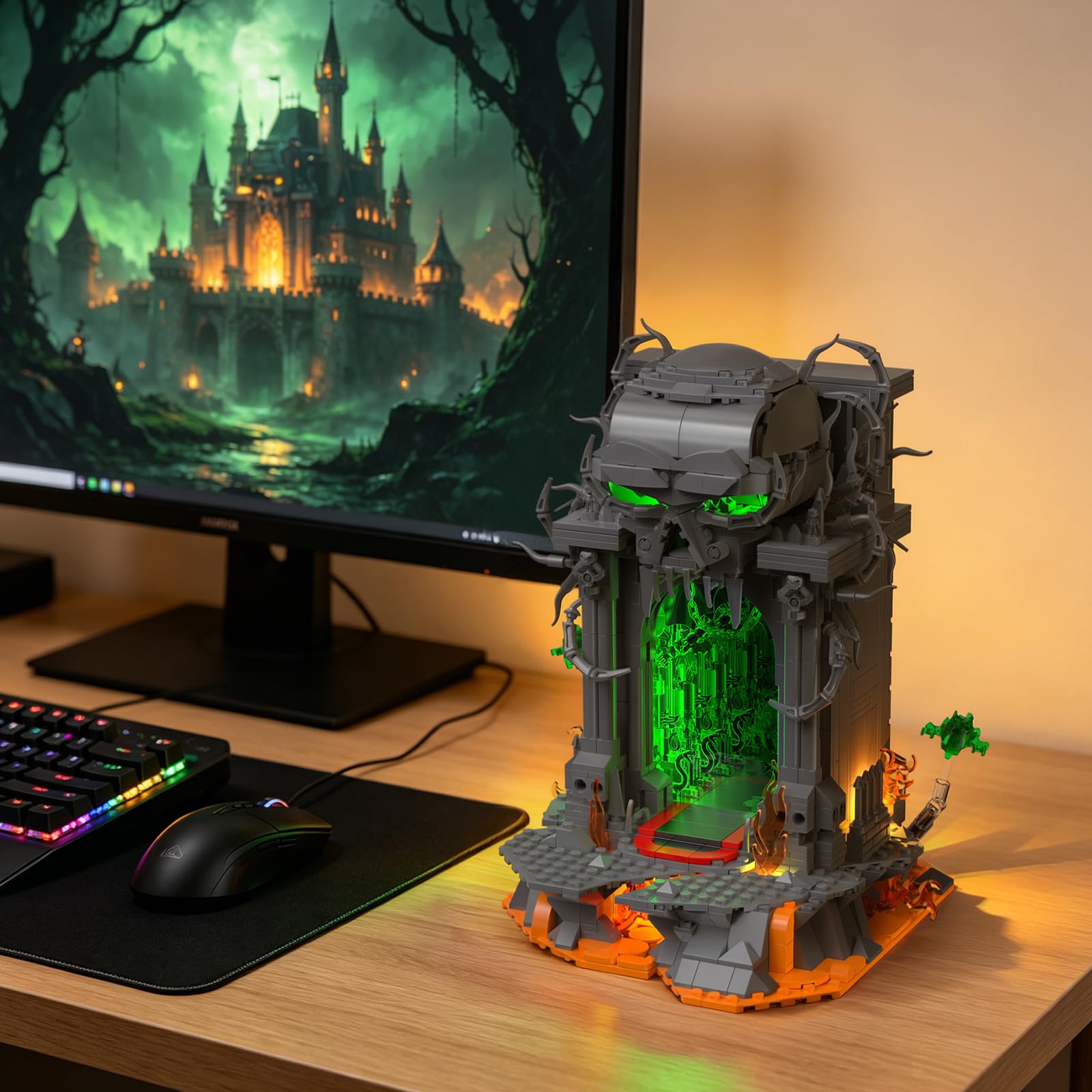 JMBricklayer Dunkles Portal Klemmbausteine Erwachsene, Gothic Totenkopf Tor Modellbau mit Licht, 40006 Fantasy Sammler Ausstellungsset Halloween Bausteine Geschenke für Spieler Männer ab 14 Jahren