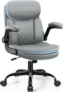 Leather Office Chair with Double-Layer Cushion and Ergonomic Features, Grey