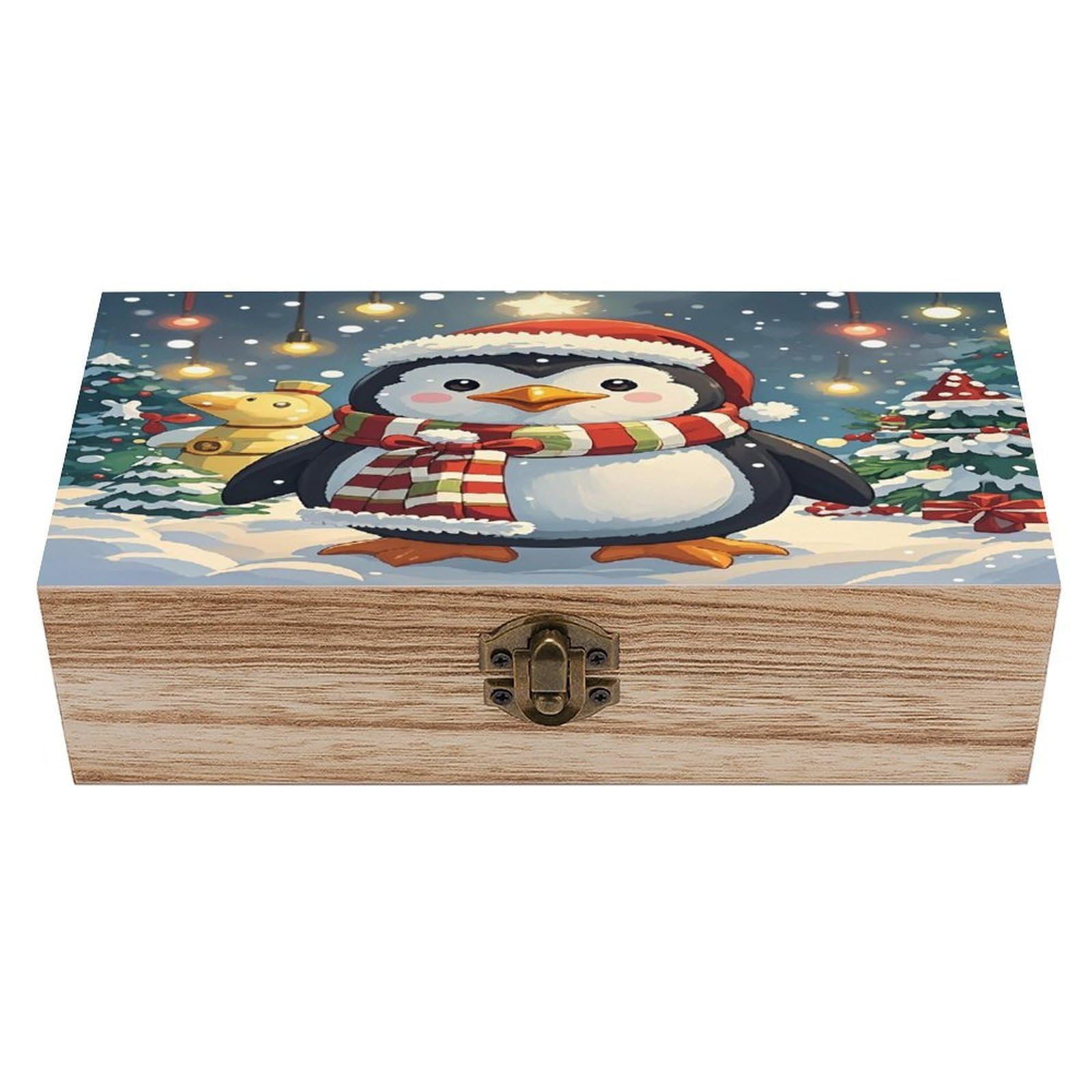 FekiLoot Christmas Funny Penguin Wooden Jewelry Box Personalized Wood Keepsake Box Large Decorative Wooden Storage Boxes with Hinged Lid Rustic Style Wood Jewelry Organizer for Desk Home Office
