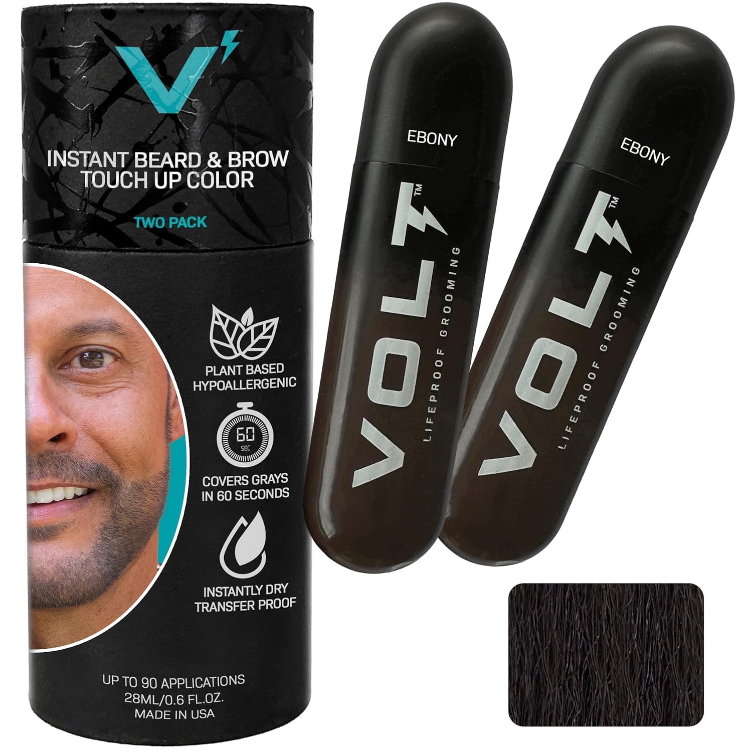 VOLT Grooming Temporary Instant Beard Color ECO 2 Pack Refill - Quick Drying Plant Based Hypoallergenic Brush on Color for Beards, Mustaches, and Eyebrows, Ebony (Brown/Black)