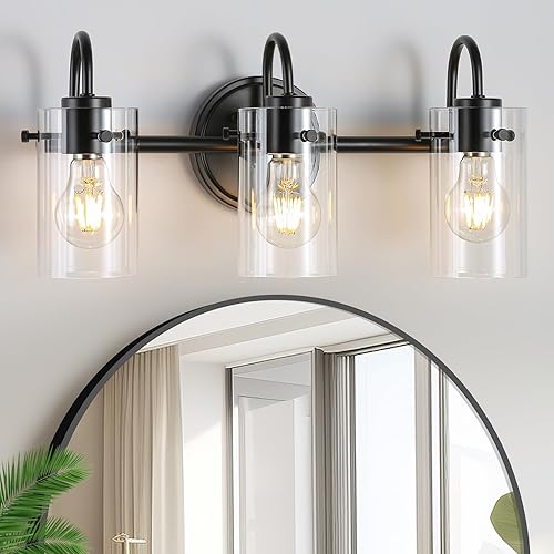 3 luces de tocador, lámparas de pared de baño negro mate sobre el espejo, aplique de pared moderno con pantalla de vidrio transparente, lámpara de