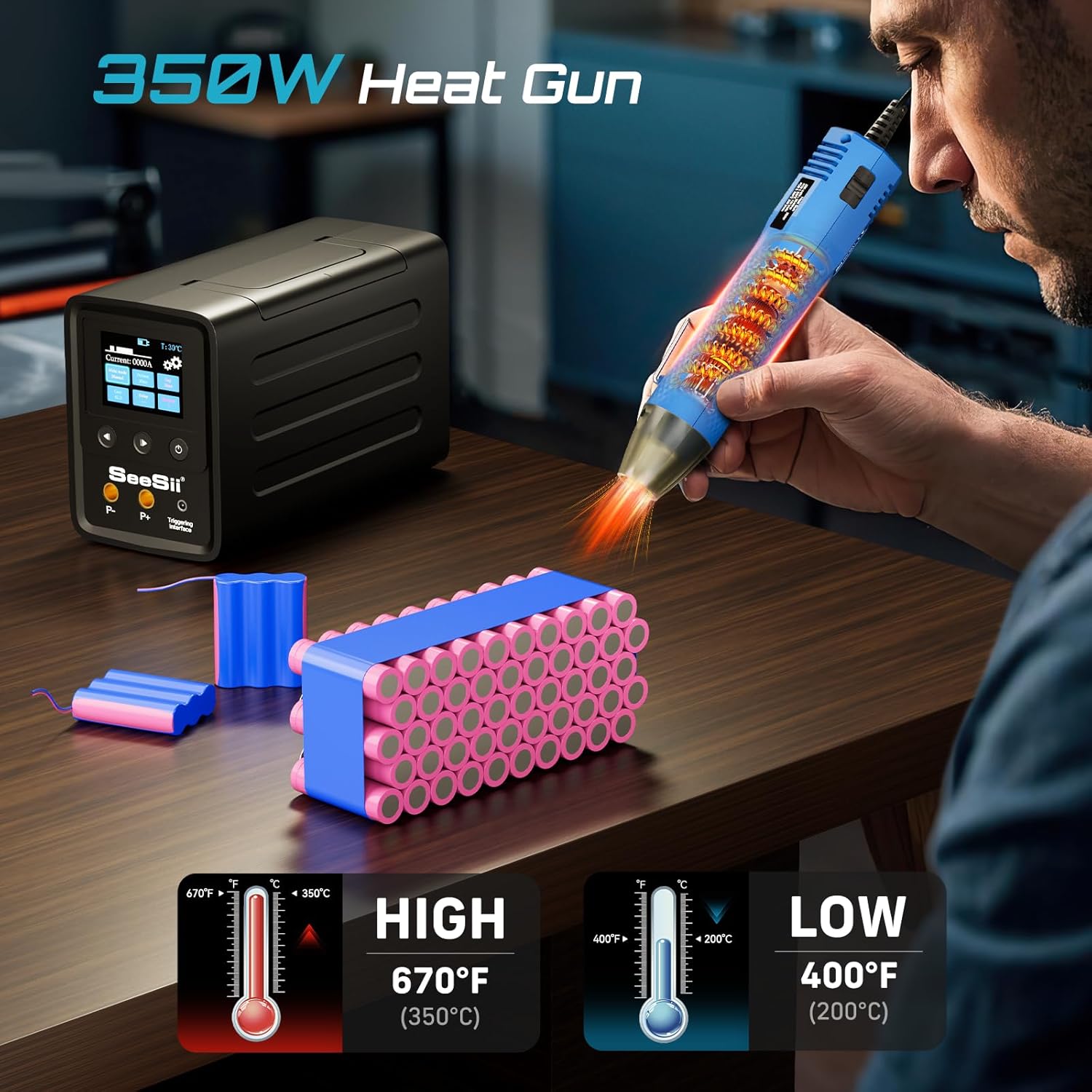 Seesii Spot Welder and Heat Gun Kit: 10080W Power Spot Welding Machine with 3000F Capacitors & 999 Gear for 0.1-0.5mm Nickel Plated Strips, 350W 2-Temp Settings Mini Heat Gun for Battery Packs