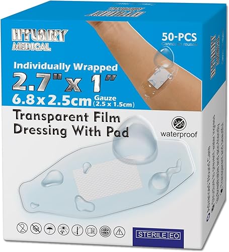 Apósito médico transparente con almohadilla, 50 unidades, 2.7 x 1 pulgada, envuelto individualmente, estéril, transpirable, resistente al agua