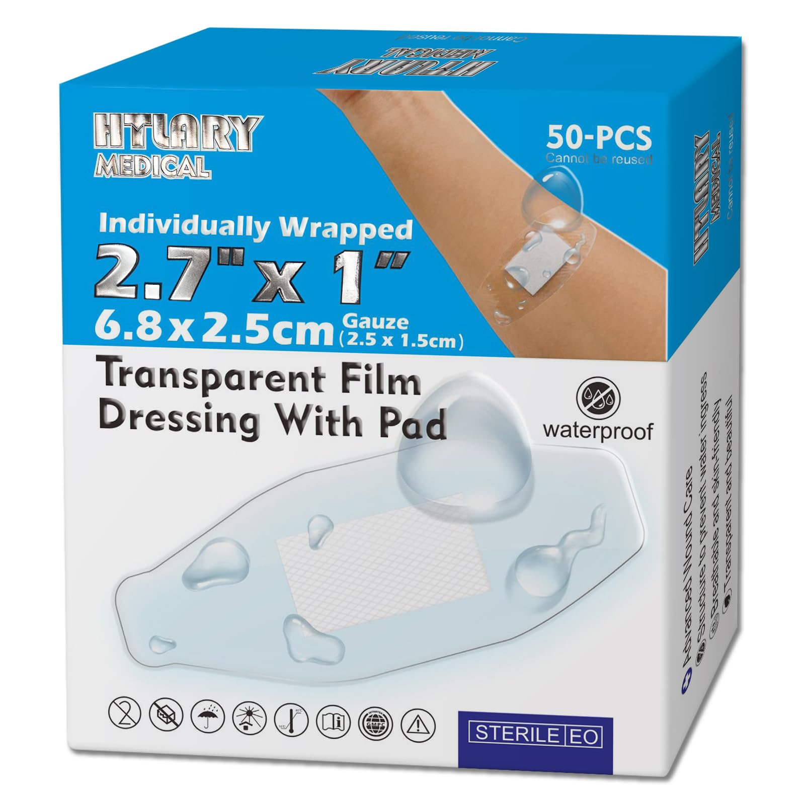 Apósito de película transparente impermeable con almohadilla absorbente, paquete de 50 vendas adhesivas estériles, cubierta postquirúrgica, barrera protectora para pieles sensibles (2.7 x 1)