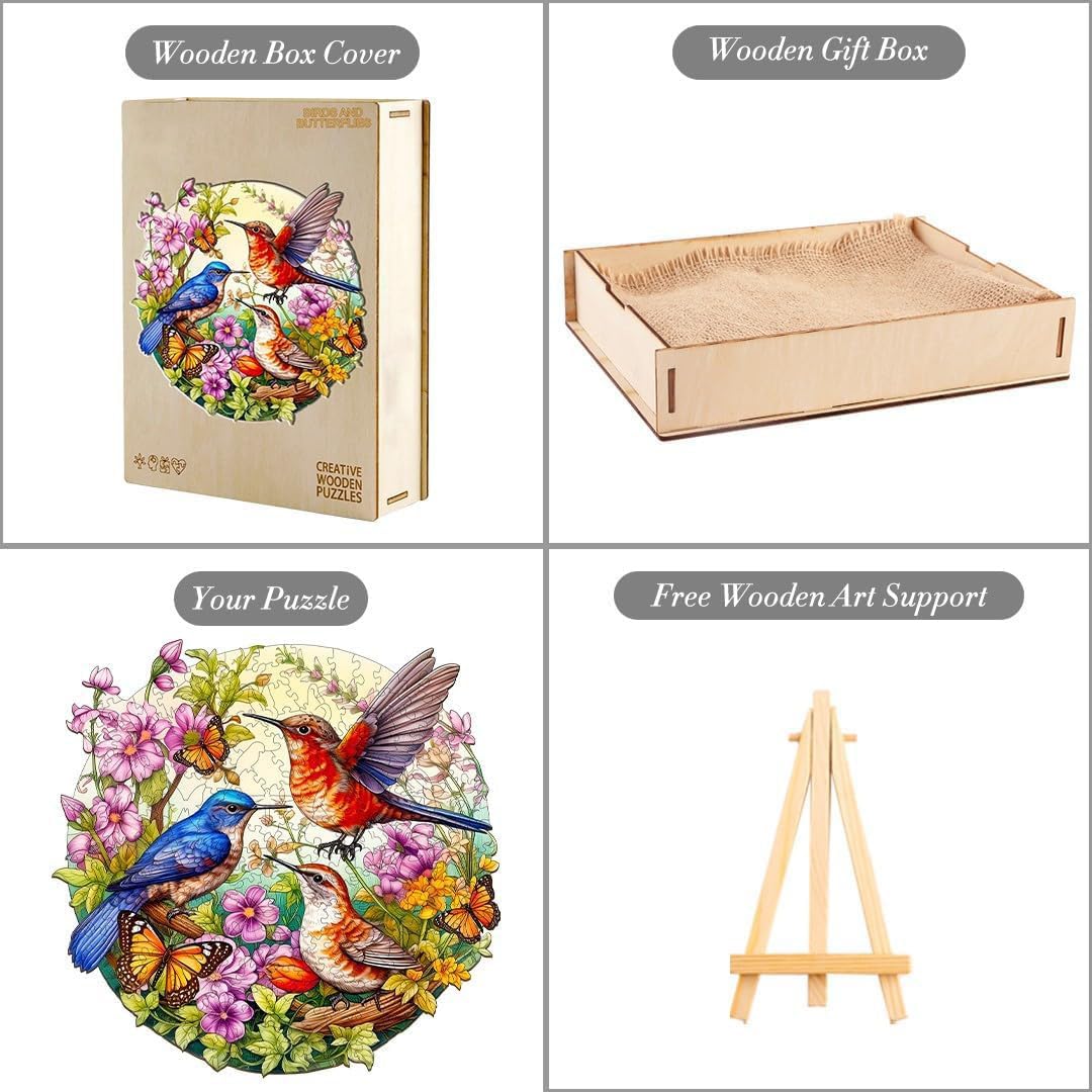 Puzzle En Bois Adulte Et Enfant Figured'Art 200 Pièces Animaux - Papillon Et Fleurs - Design Original 28,5x28,5 Cm Forme Unique Avec Coffret En Bois Premium, Parfait Pour Offrir En Cadeau