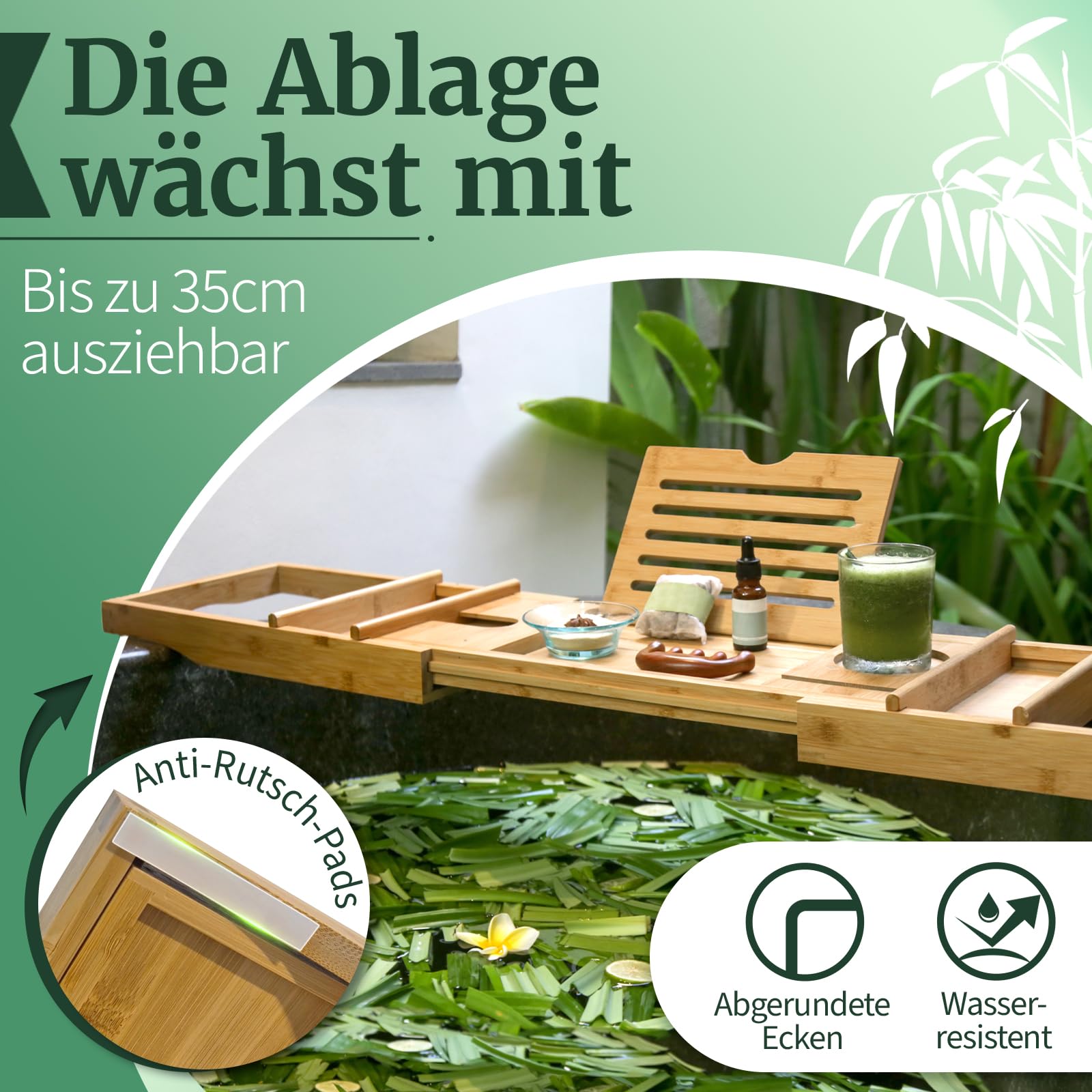 HEIMWERT Badewannenablage Badewannentablett Ablage Badewanne - Extragroß mit ausklappbarem Ständer - Badewannen Tablett Tisch und Frühstückstablett Zubehör aus Bambus (Natur)