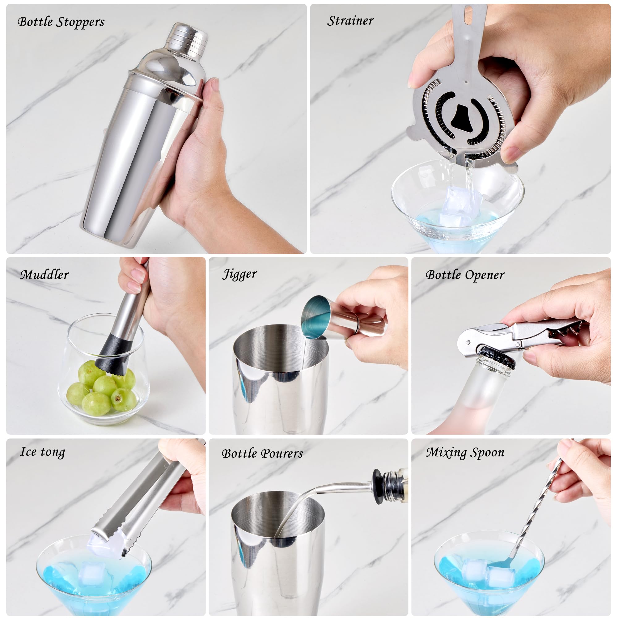 Set di shaker per cocktail da barista, 11 pezzi, con supporto in bambù e tutti gli accessori da bar: shaker Martini, colino, misurino, pestello, cucchiaio miscelatore, kit da bar, casa e feste