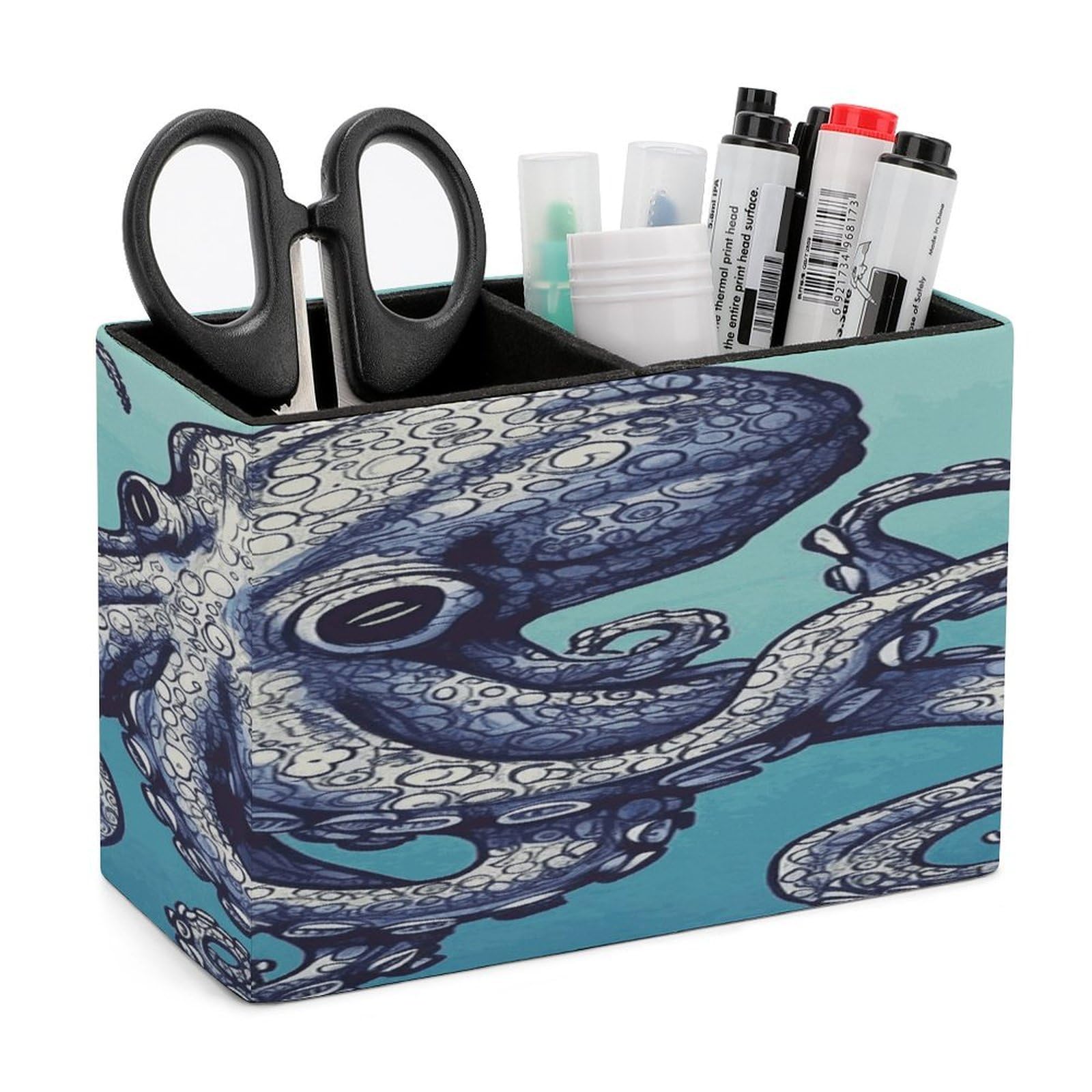 LDGSUPH Octopus Design Leather Pen Holder for Desk Organizer Caddy Large Pencil Cup Multi-function Pencil Holder Makeup Brush Holders Pen Organizer for Home Office Storage Box