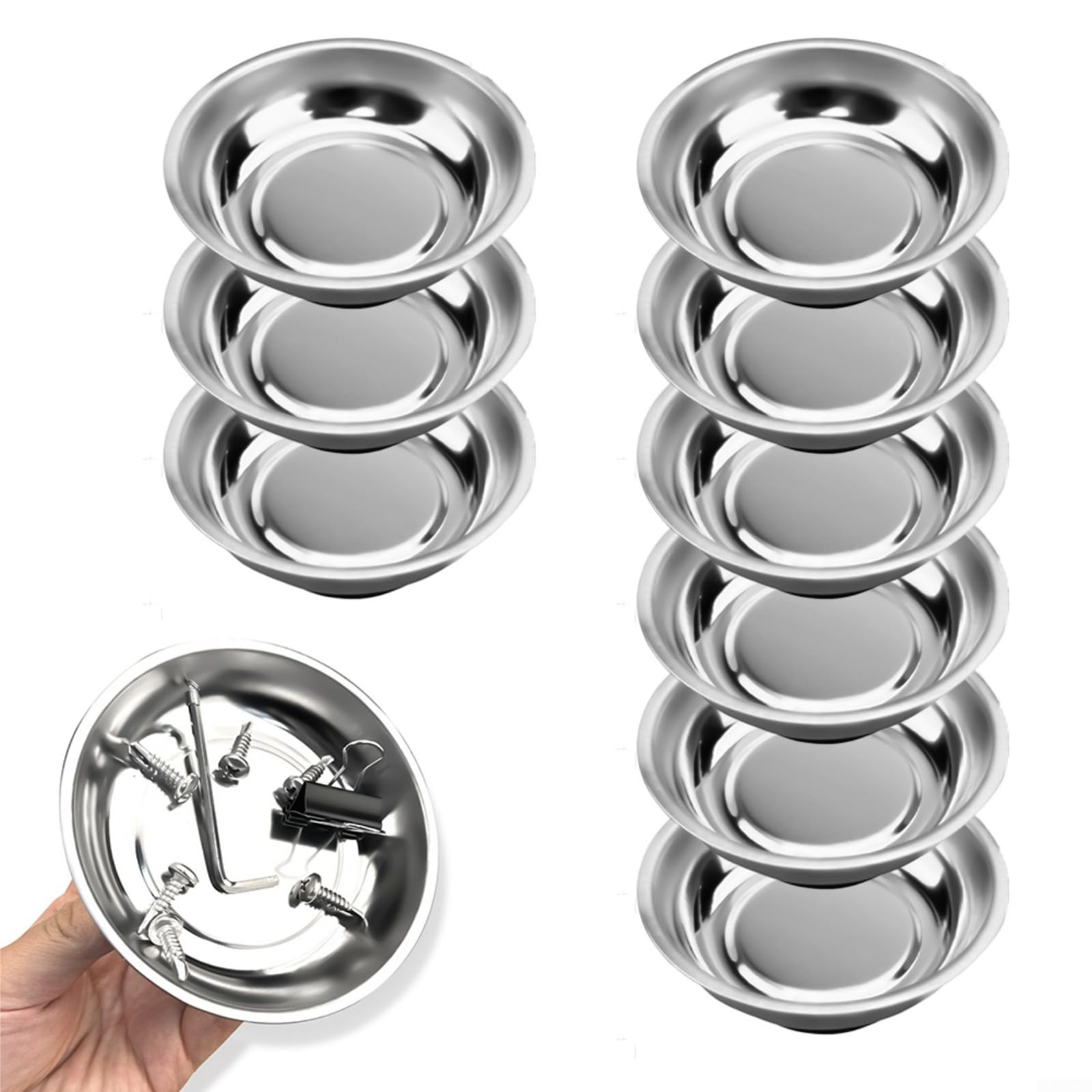 Paquete de 10 bandejas magnéticas de acero inoxidable de 3 pulgadas con base antideslizante para taller, garaje y organización de cajas de herramientas