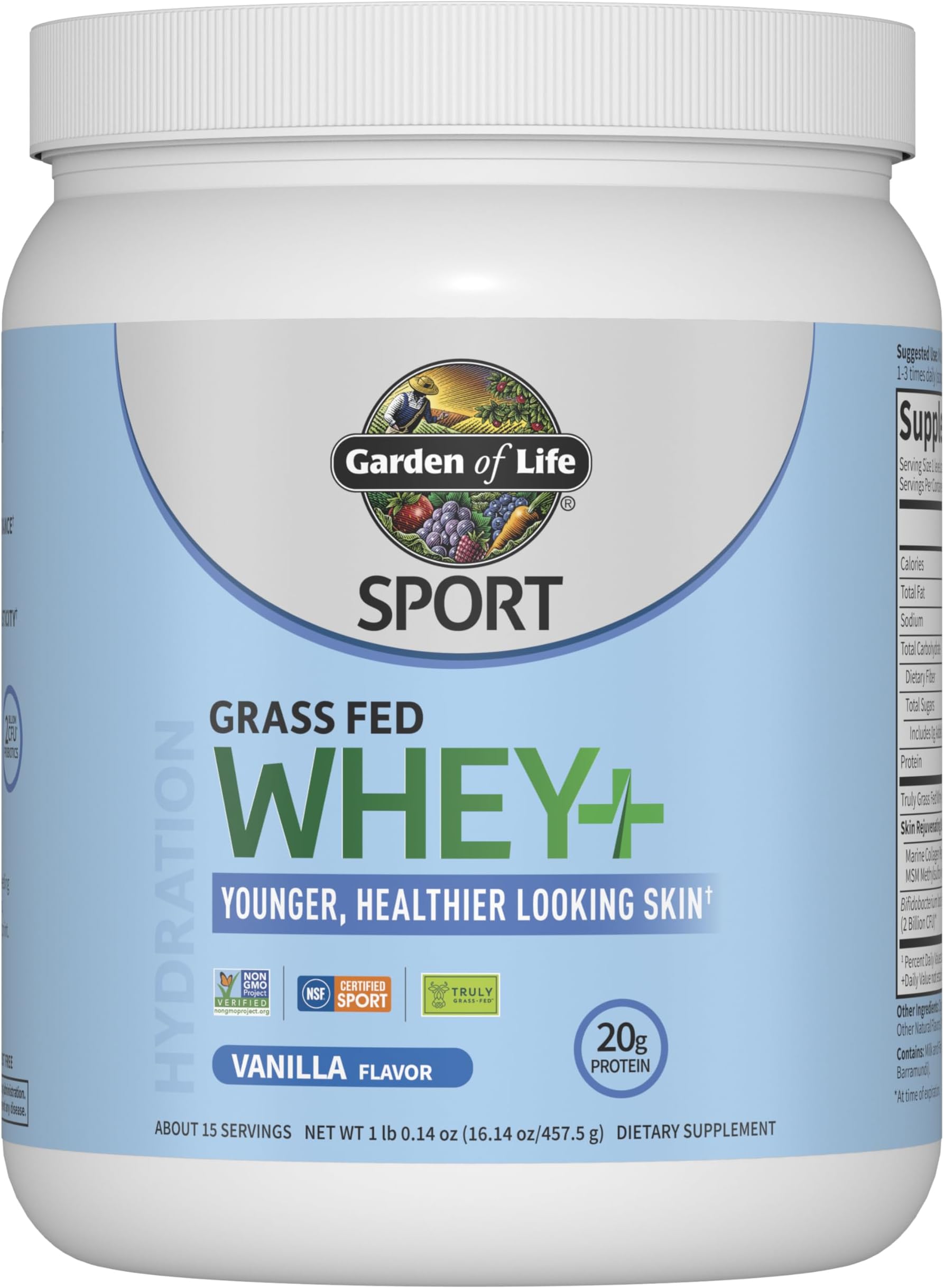 SPORT Whey Protein Powder Vanilla Flavor 20g Plus Marine Collagen Peptides & MSM for Women and Men, Optimum Amino Energy, Younger, Healthier Looking Skin - Grass Fed, About 15 Servings