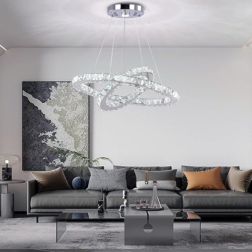 Miniatura 8 de TongLan Lámpara LED moderna de cristal de 19.7 x 11.8 pulgadas, lámpara colgante de techo, 2 anillos, accesorios de iluminación de acero inoxidable