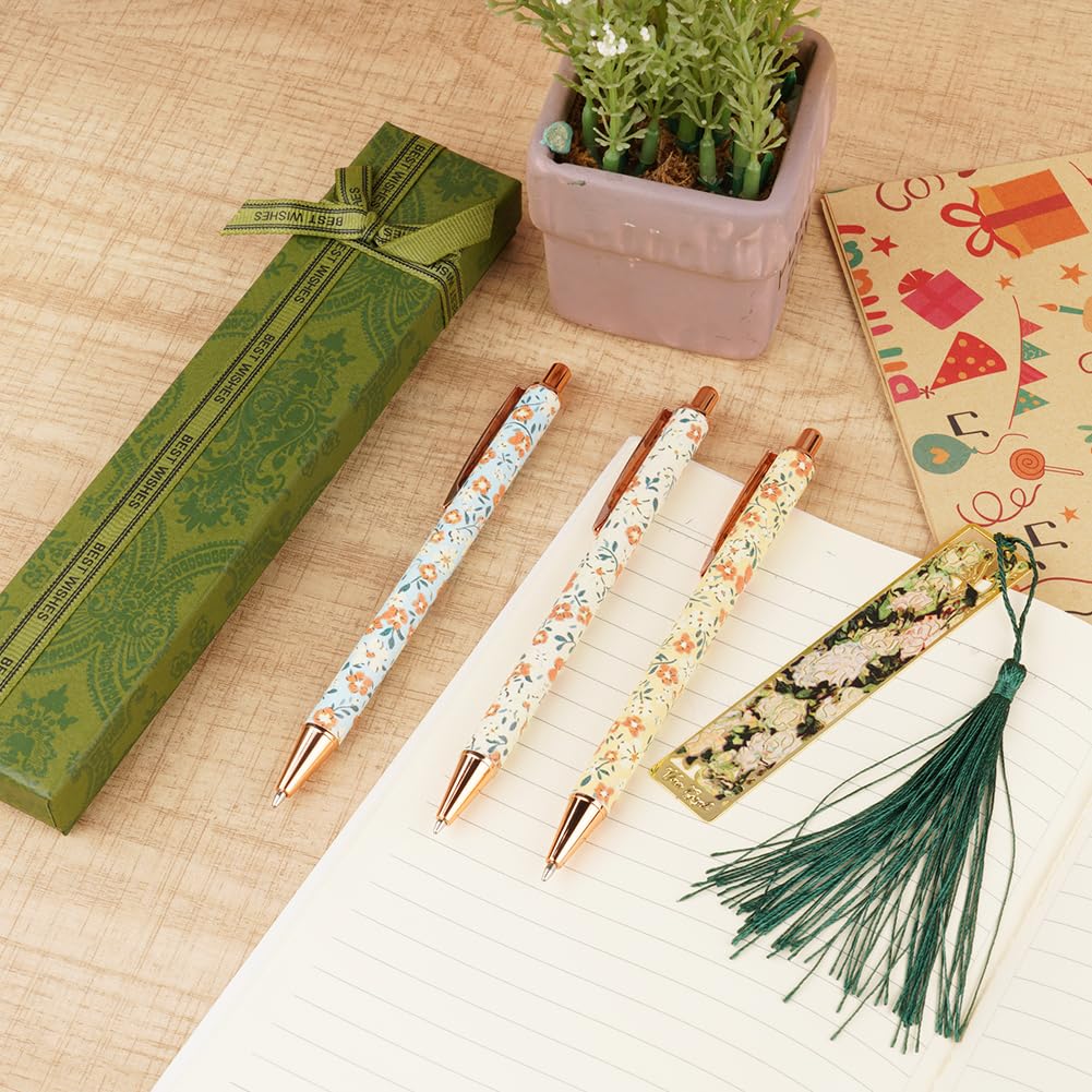 Set Di 3 Penne A Sfera Retrattili Con Motivo Floreale Glitterato, In Metallo Con Scatola Regalo, Scrittura Fluida, Per Donne, Ragazze E Insegnanti