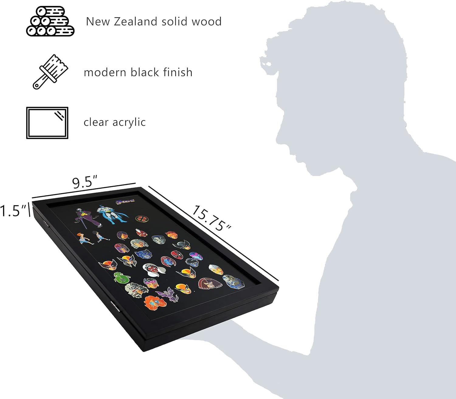 Large Pin Display Case Shadow Box Frame - Black New Zealand Wood, Acrylic, Magnetic Close, Velvet - Store Enamel Pins, Medals, Awards, Lapels, Disney, Marvel - Holds 100 Pins (Black)
