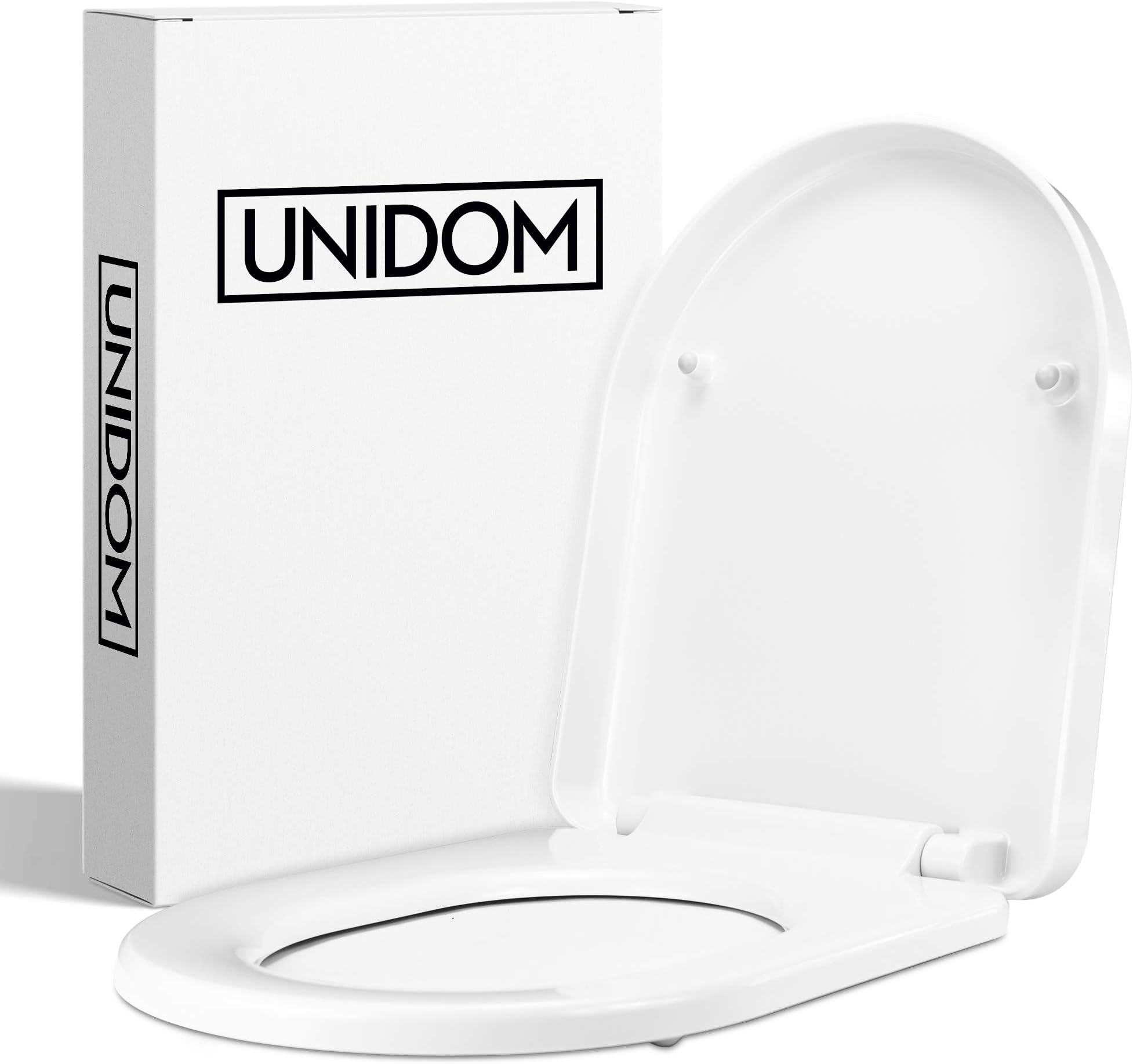 Unidom High-Quality Toilet Seat with Soft Close Mechanism D-Shaped Toilet Lid in White Made of Duroplast - Antibacterial - Removable with Soft-Close Automatic Including Stainless Steel Holder