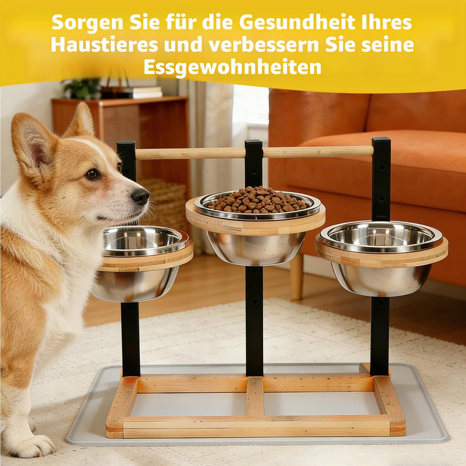 Hundenapf Erhöht für Hunde, Höhenverstellbar Holz Erhöhte Hundenäpfe Hundenapfständer mit 3 Edelstahlnäpfen und Auslaufsichere Matte, Futternapf Futterstation Mittel Große Hunde Fressnapf