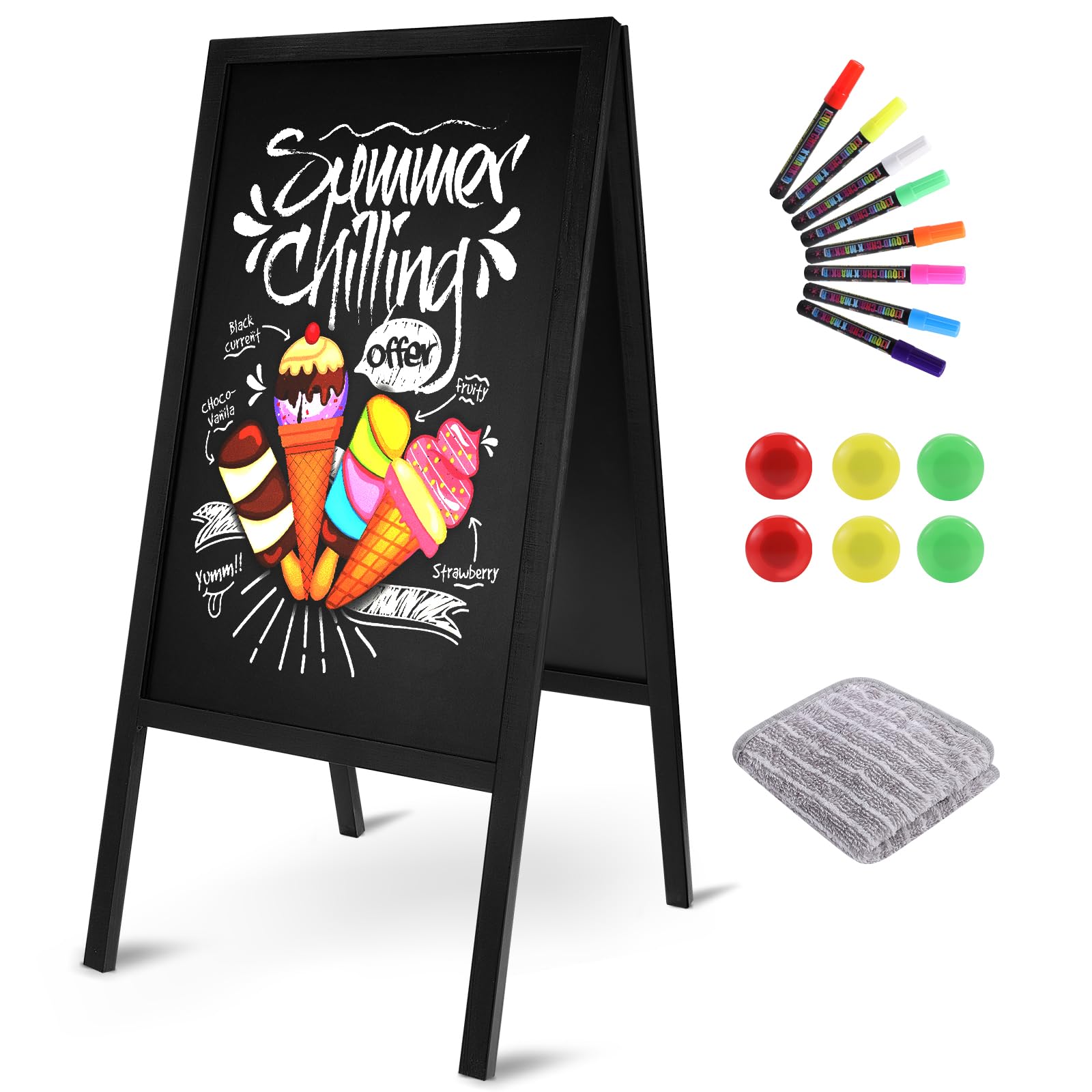 Chevalet Stop Trottoir 85x41 cm Tableau Noir Magnétique avec Support en Bois Pliable Panneau Publicitaire Extérieur avec 6 Aimants 8 Marqueurs 1 Effaceur pour Promotion Menu Bar Café Restaurant
