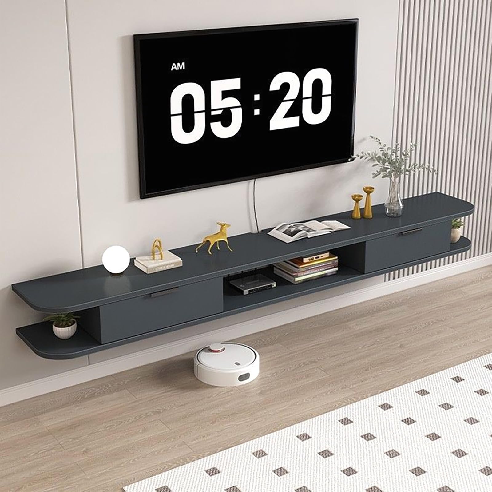 Mobile TV Sospeso, Console Multimediale Sospesa A Parete, Mobile Porta TV, Mensola In Legno Con Cassetti Per Lettore DVD, Decoder, Console Per Videogiochi(All Gray,200x22x18cm)