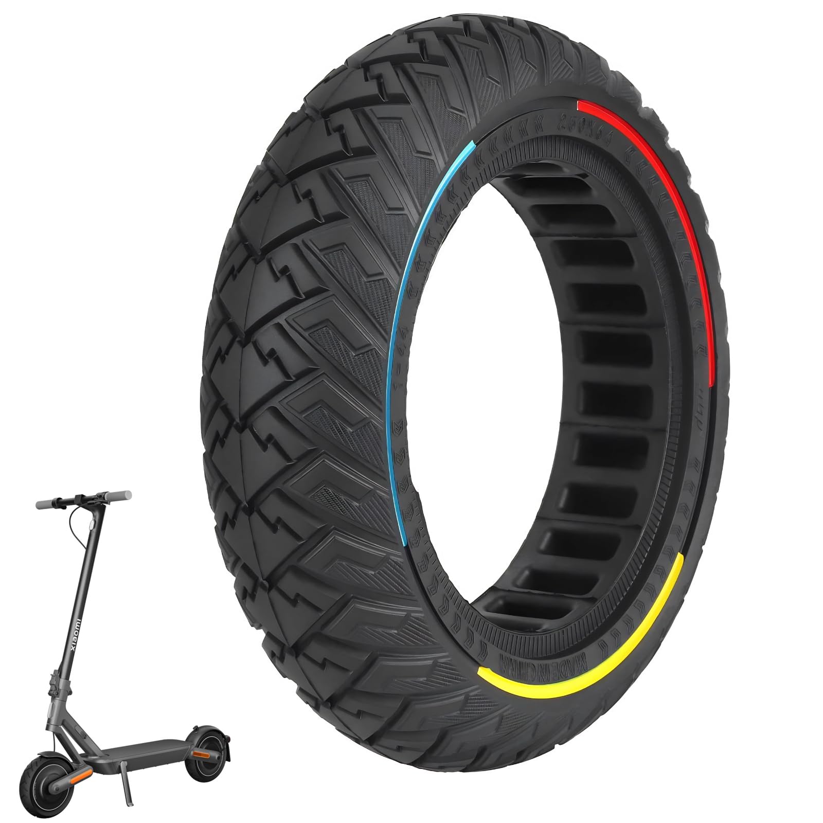 250x64 Pneumatici in gomma piena per monopattino elettrico - 10 pollici, pneumatici di ricambio per fuoristrada con cerchio tricolore per gli scooter elettrici Xiaomi 4 Ultra e Navee S65
