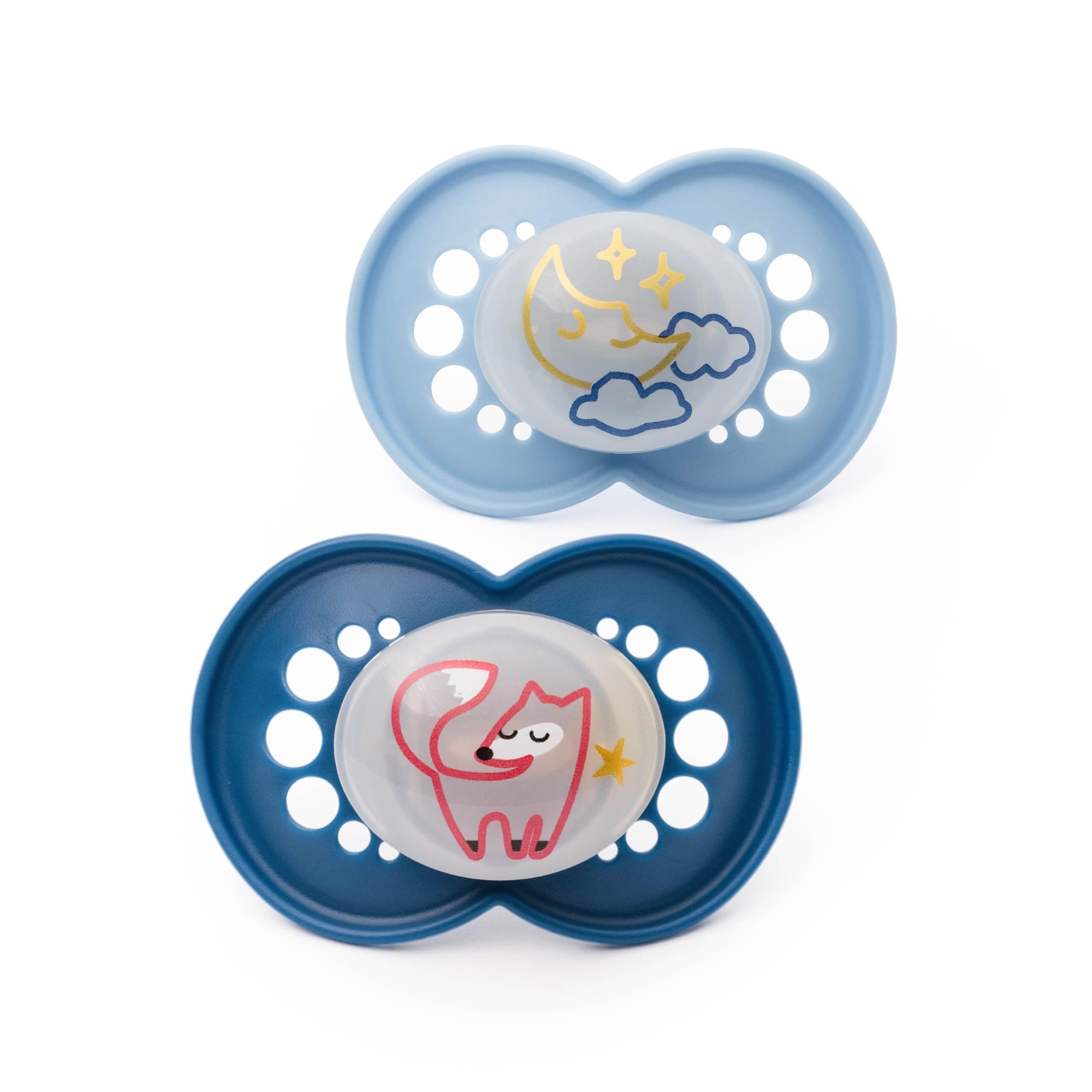 MAM Original Night Soothers | 6-18 Months | 2 Pack | Glow in The Dark Dummies | Comes in Dummy Steriliser Case | Sustainable Materials | Baby Accessories | Blue (Various Designs)