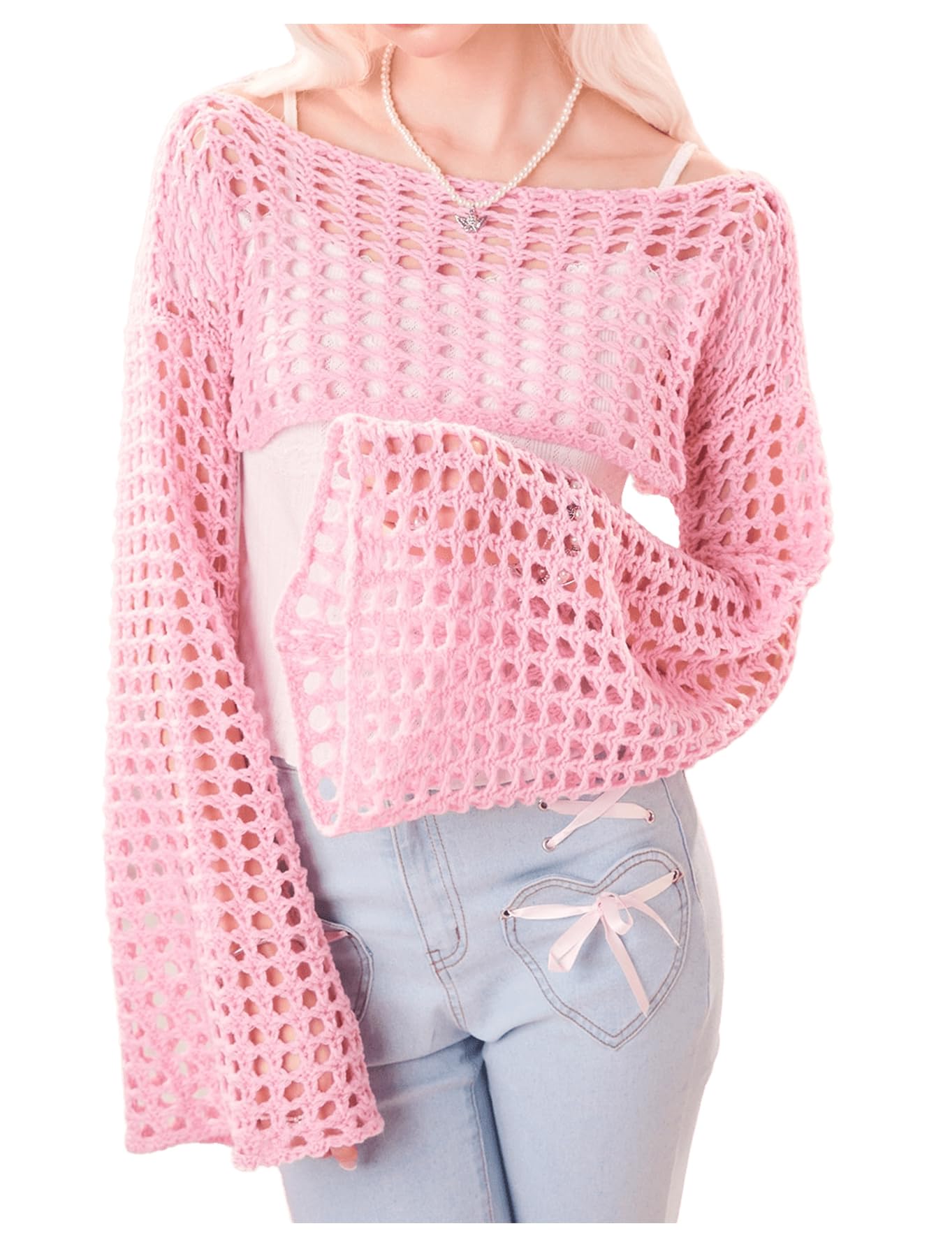 SHENHE Women's Hollow Out Knitted Pullover Sweater Crochet Cropped Sweater Top Long Sleeve Casual Cover Up Top Pink M