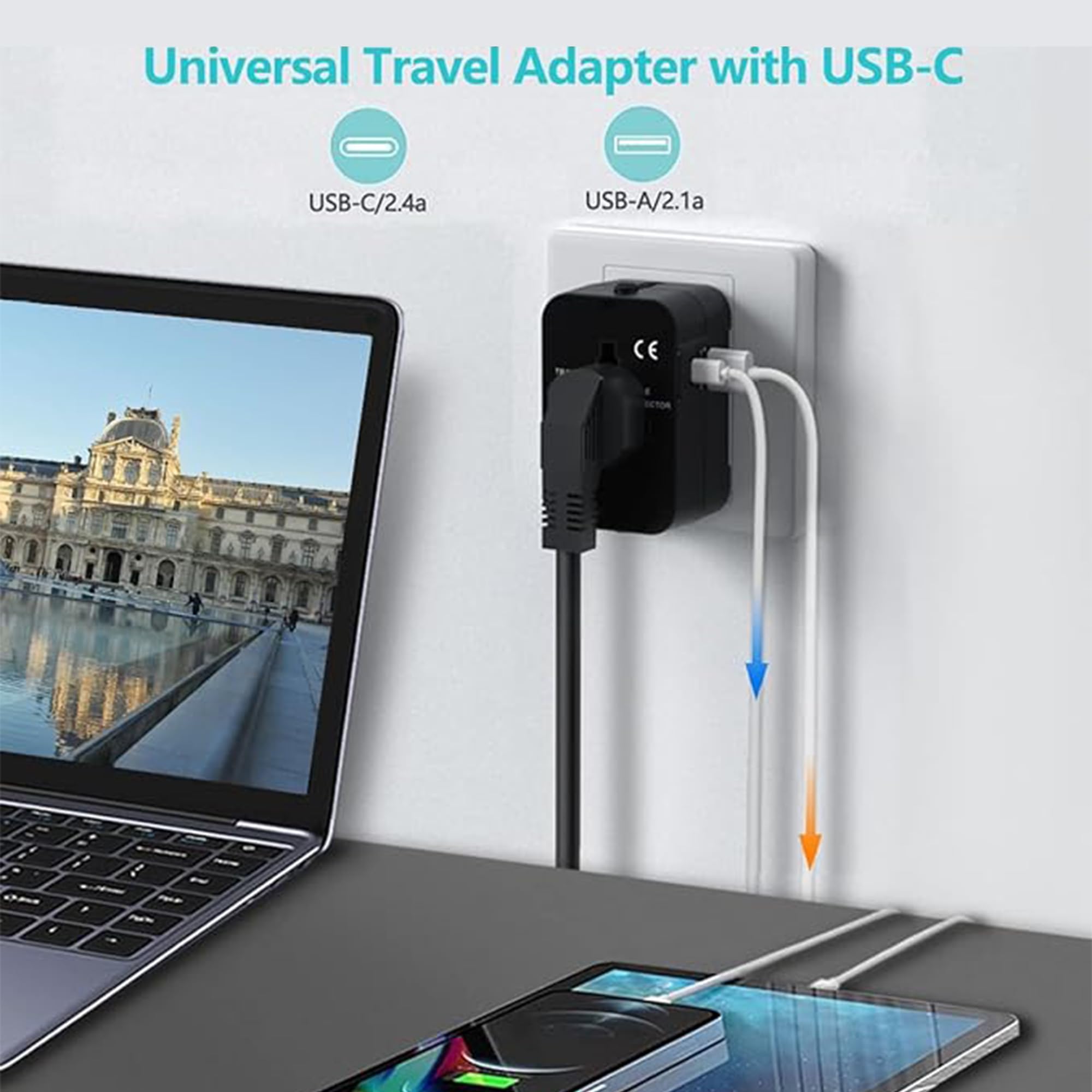 EYUVAA LABEL Universal Travel Adapter with Type-C & USB-A Ports| All-in-One International Travel Adapter| Power Plug Adapter Type C Charger for Phone, Laptop, Mobile, Camera, Tablet (Black) 3