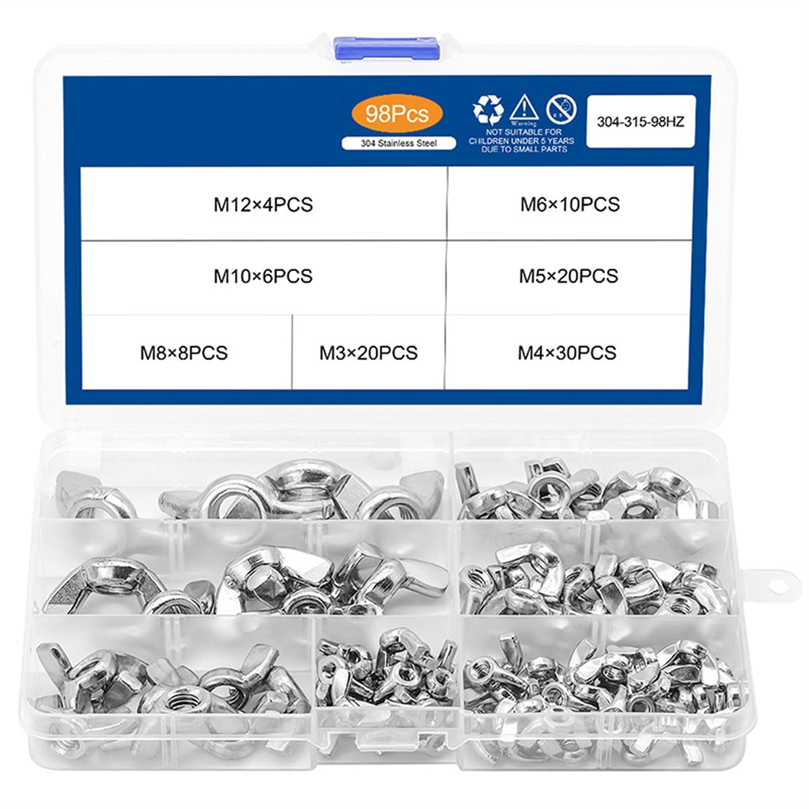 Dadi ad Alette di Farfalla 98. PCS. Acciaio Inossidabile 304 Scatola Dado Sottile a Farfalla Sottile a Farfalla Set a Farfalla (Size : 98PCS)