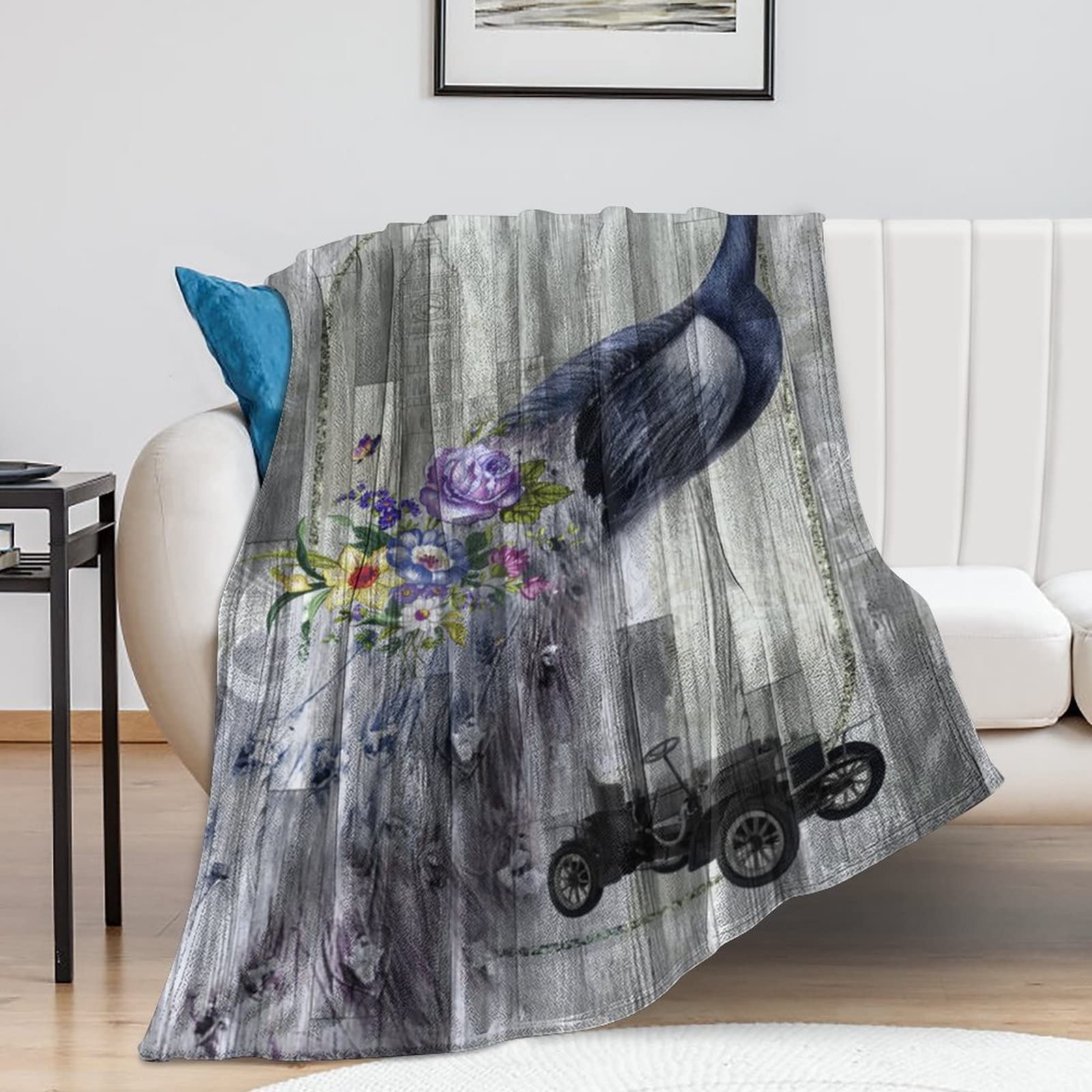 Couverture vintage paon peluche chaude grand plaid réversible pour canapé lit et chaise