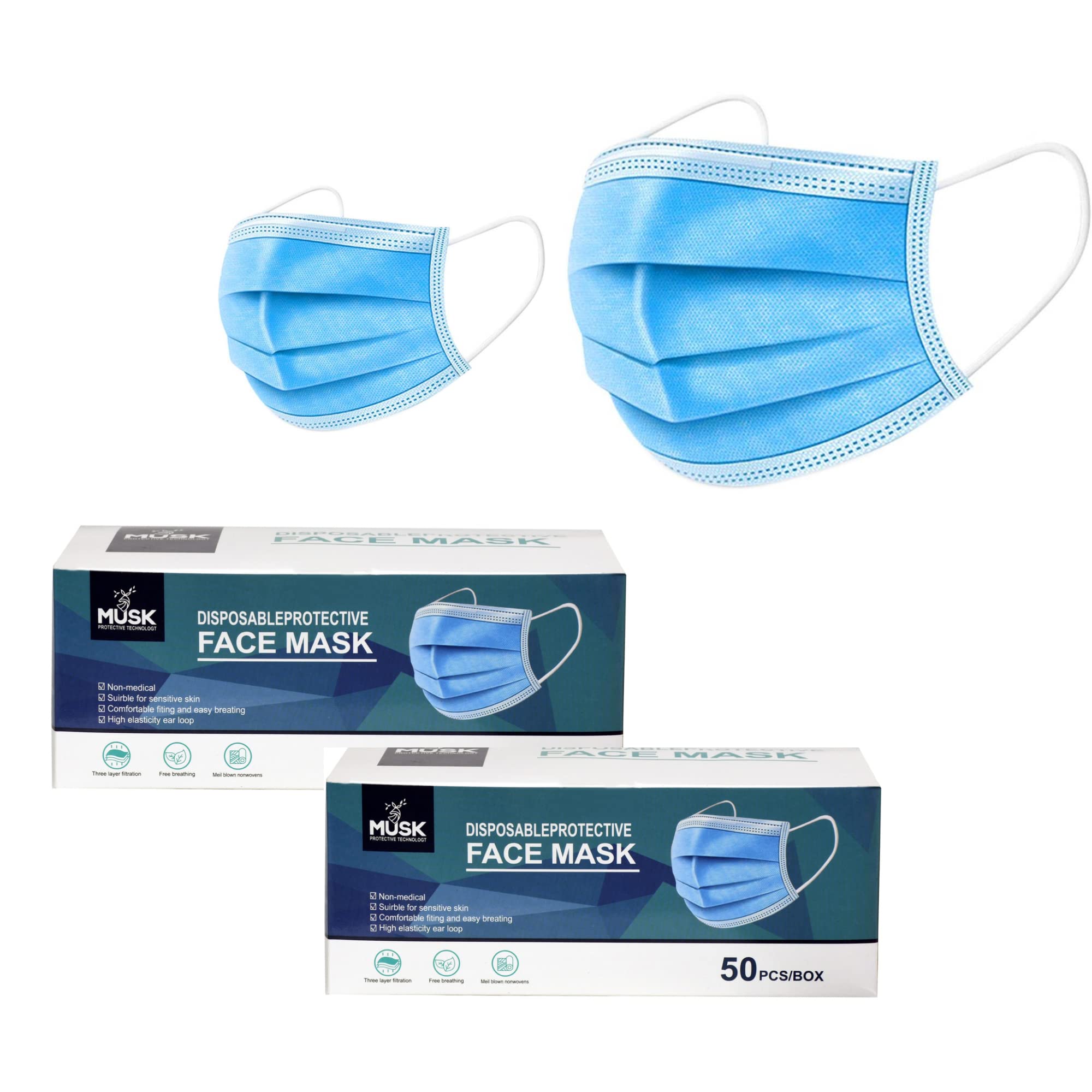 Disposable 3 layer Blue mask of 100 Pieces in 2 BOX Packing | Breathable with strong Elastic Ear loops| Suitable for Sensitive Skin