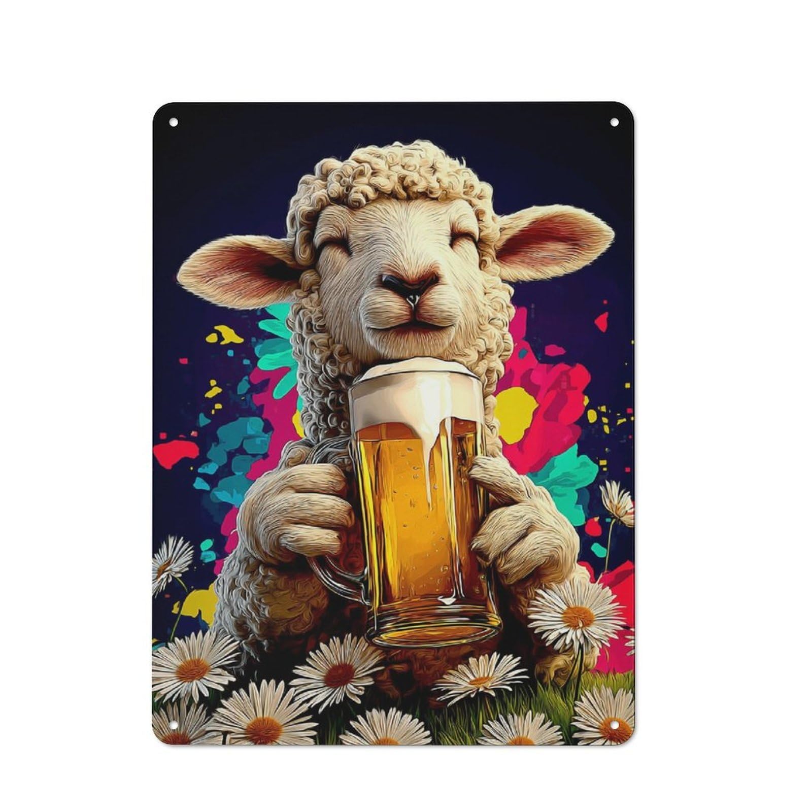 Junmoney Happy Sheep Enjoying A Cold Beverage Vintage Tin Sign 40X30cm Featuring For Café Or Home Bar, A Metal Wall Feature For Cafés And Home Bars