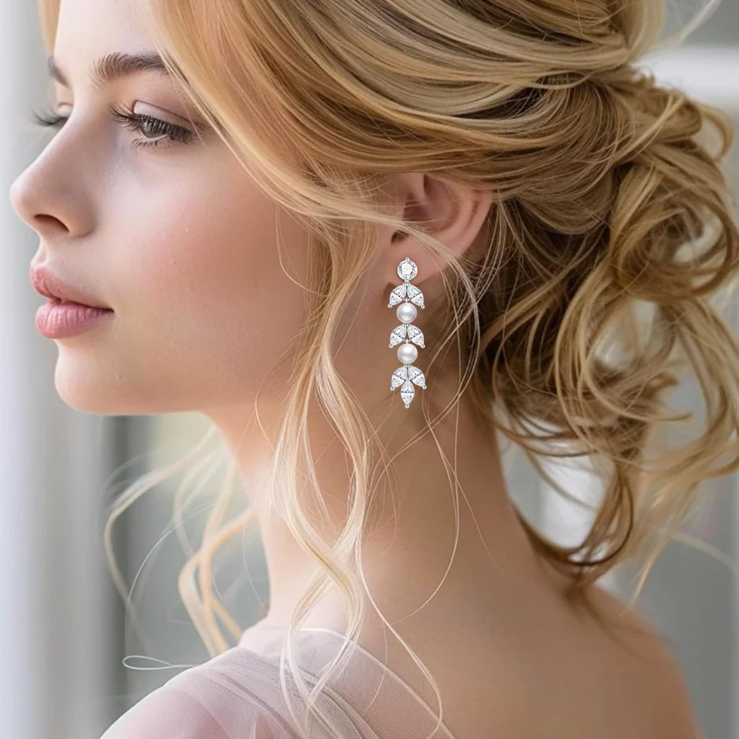 S925 Silver Pearl Dangle Drop Earrings Stud Earrings for Brides, 14K Gold Plated Bridal Jewelry with 5A Cubic Zirconia for Wedding Hypoallergenic - Image 5