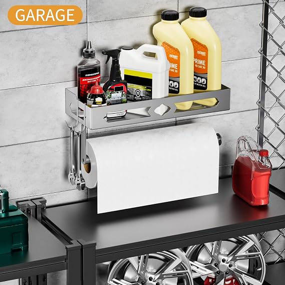 Stylish Kitchen Paper Towel Holder with Shelf - Adhesive Hand Towel Holder for Bathroom Wall Mount, Rust-Resistant Matte Grey Finish for RV Toilet Paper Holder Rack, Easy One-Handed Operation Design