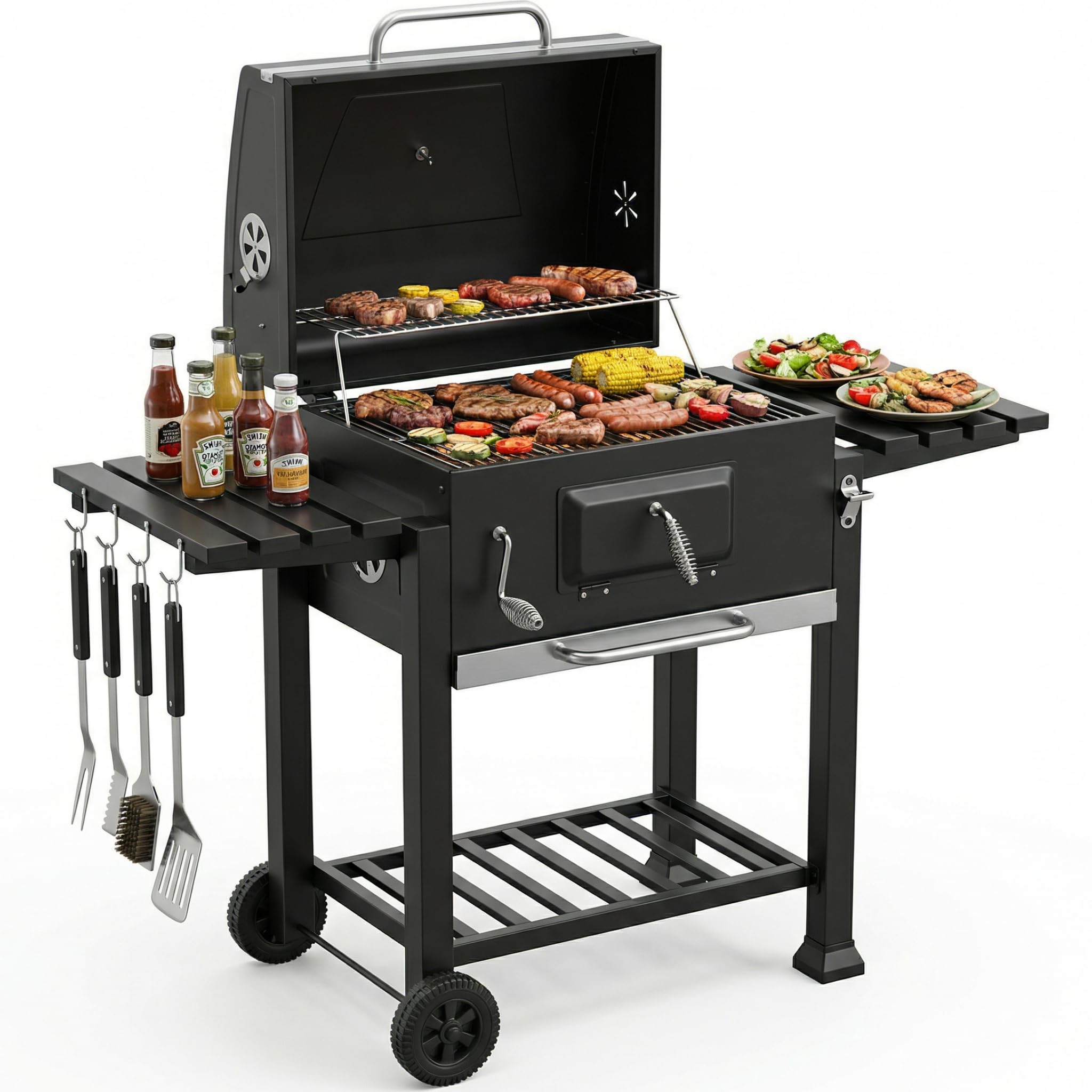 Vivo Barbecue Grill Large Portable Charcoal Bbq Smoker Side Table Adjustable Wheels